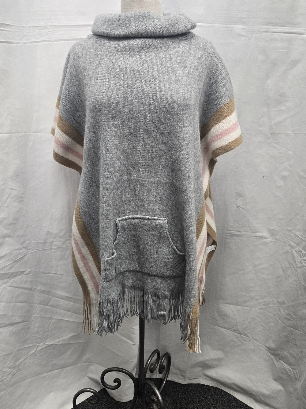Coco + Carmen Gray Cowl Neck Poncho with Pink and Tan Stripes
